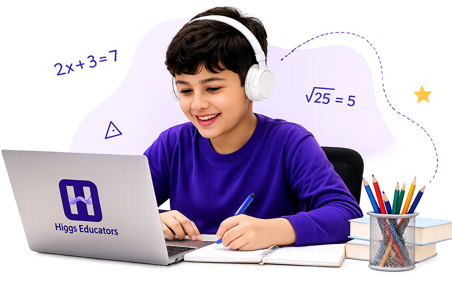 A student smiling while learning online with Higgs Educators on a laptop